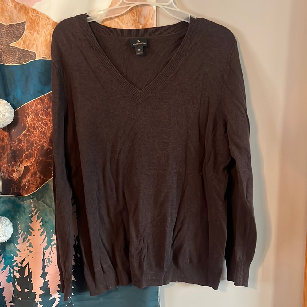 Worthington Dark Brown V-Neck Pullover Sweater